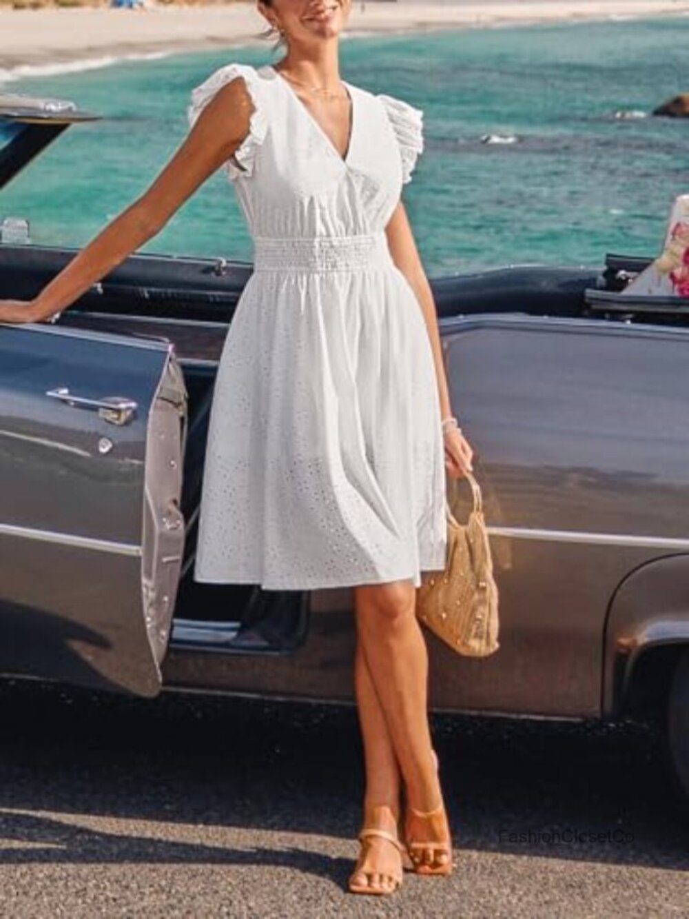 Lace Eyelet Midi Dress Smocked Waist Flutter Sleeve V Neck Flowy A Line Sundress - Picture 6 of 7